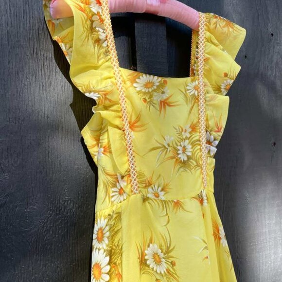 1960s Vintage Daisy Gown Dress Golden Yellow Floral Chiffon Dress Small Sz 4 - Picture 8 of 10